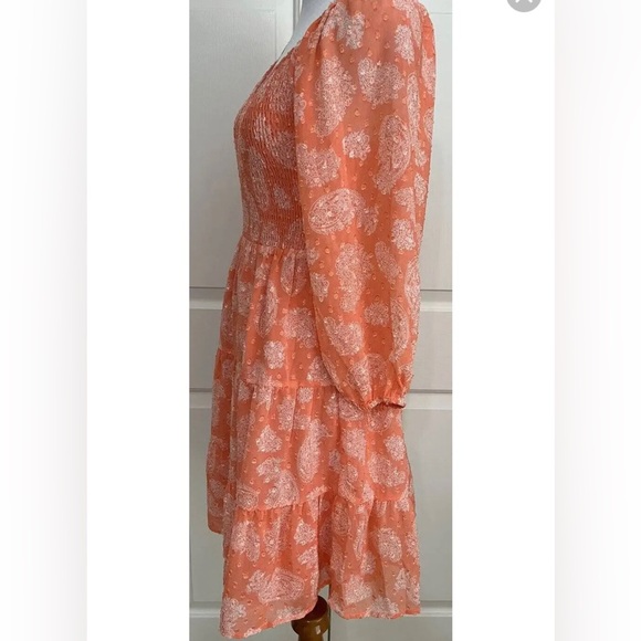 Skies Are Blue Tiered Smocked Bodice Babydoll A-Line Mini Dress SZ M Coral - Picture 6 of 12